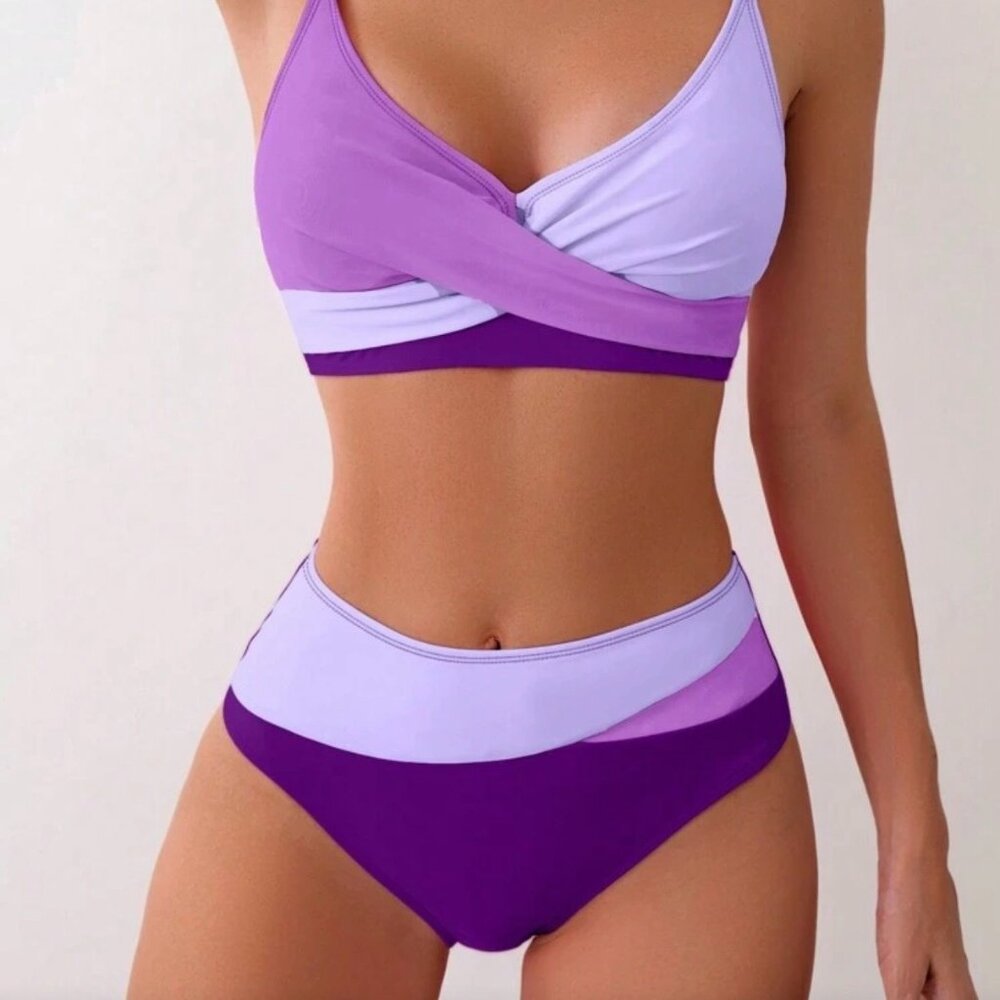 SHEIN Swim High Waist Color Block Purple Bikini Set  Size M